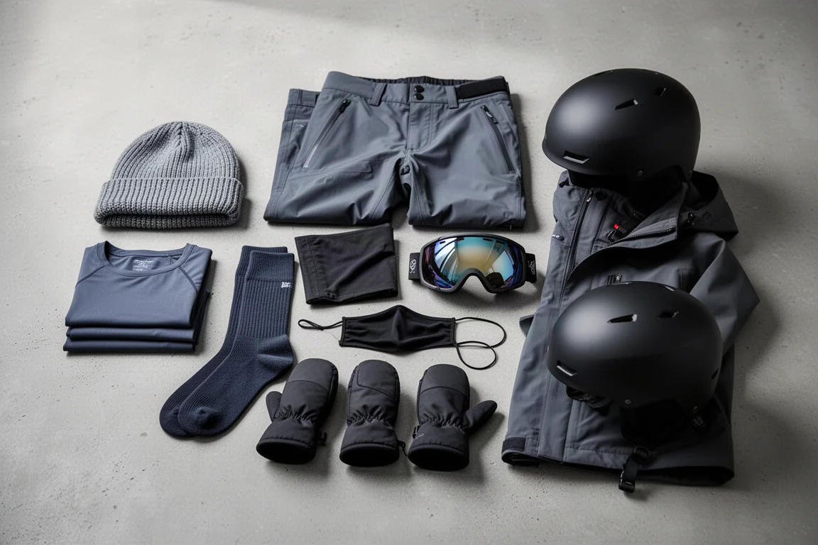 Snowboarding gear laid out including helmet, goggles, mittens, and base layers