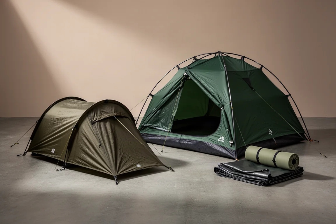 Two low-profile backpacking tents with a rolled sleeping pad on a concrete surface