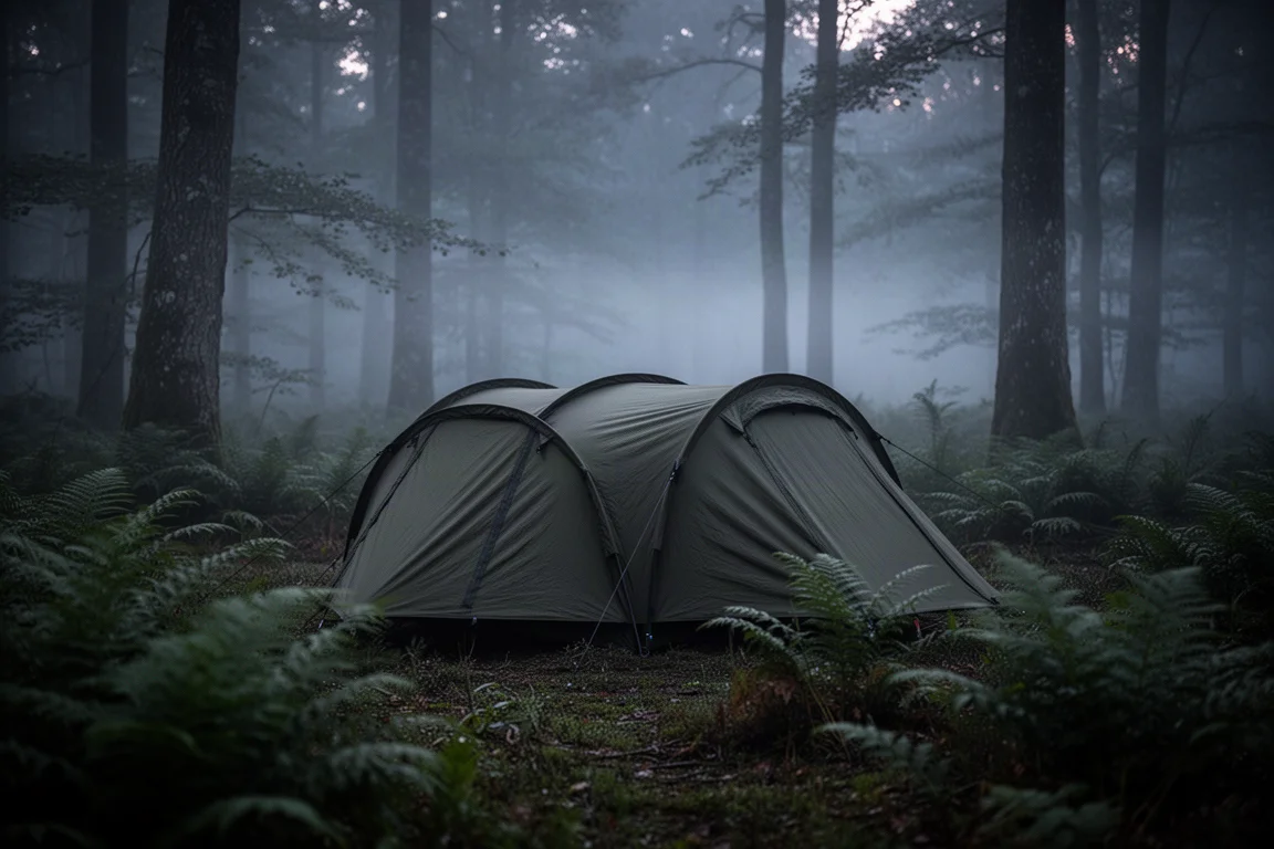Low-profile olive tunnel tent pitched among ferns in woodland at dusk