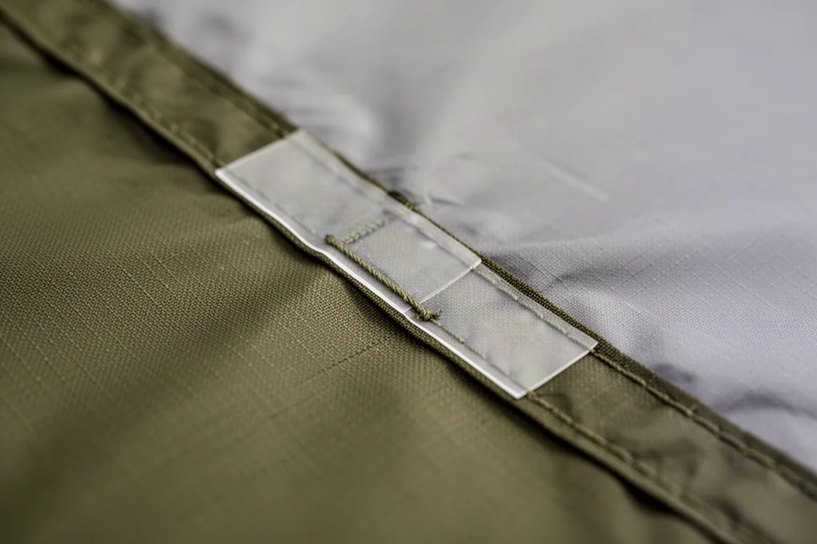 Close-up of seam tape and stitching on olive green tent fabric