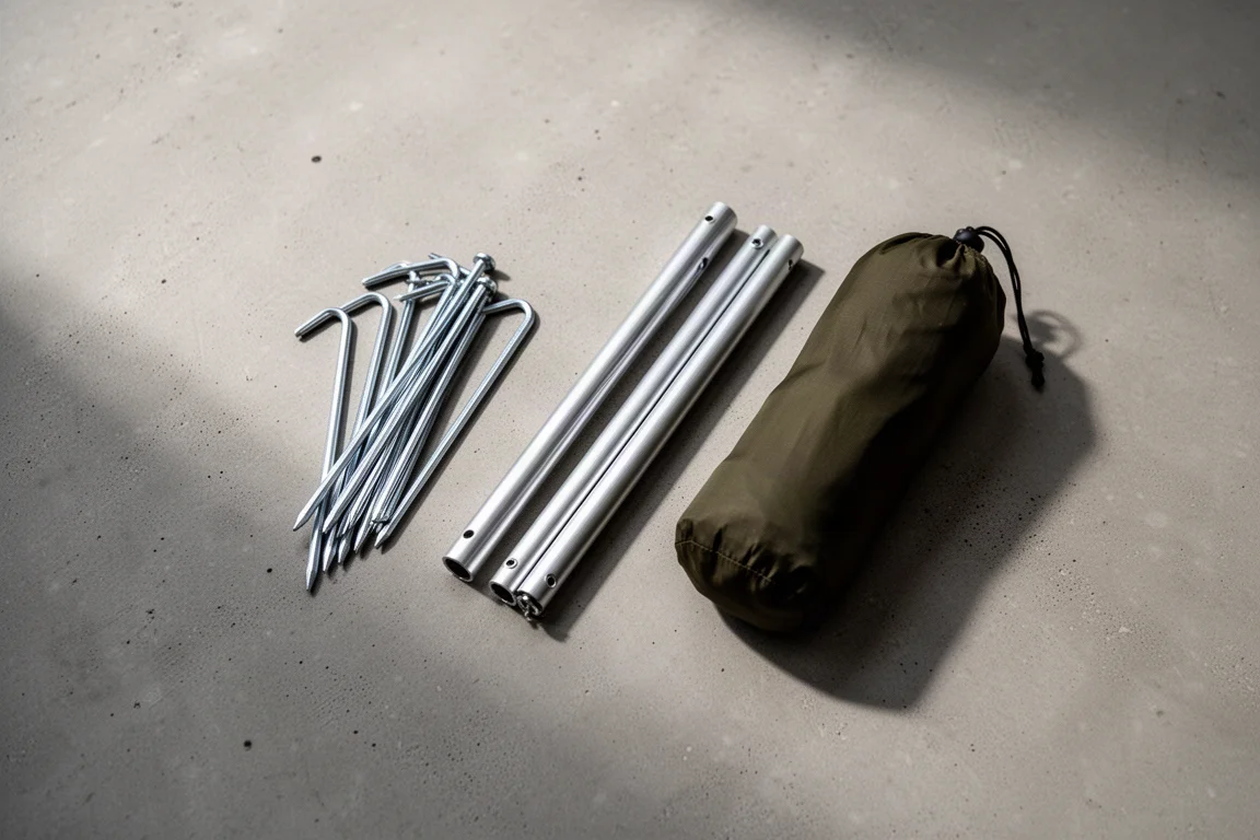 Flat lay of tent stakes, pole sections, and stuff sack on concrete