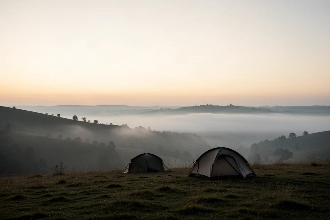 Small low-profile tent on a hillside at dawn with mist in the valley