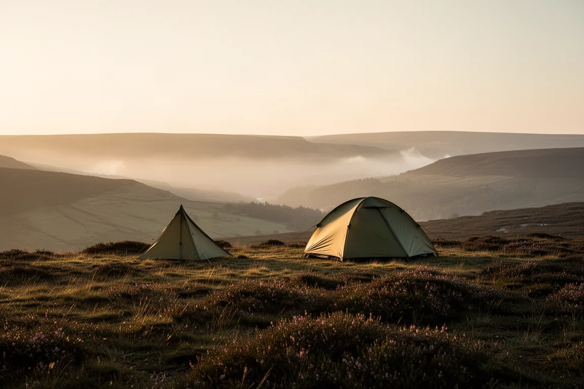 Tenda a profilo basso su un crinale di brughiera all'ora d'oro con nebbia in valle