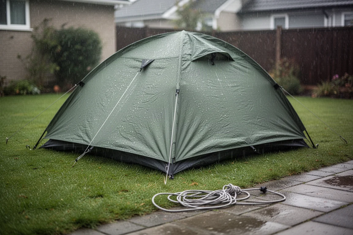 Tenda piccola piantata sul prato di un giardino sotto una pioggia leggera per un test meteo casalingo
