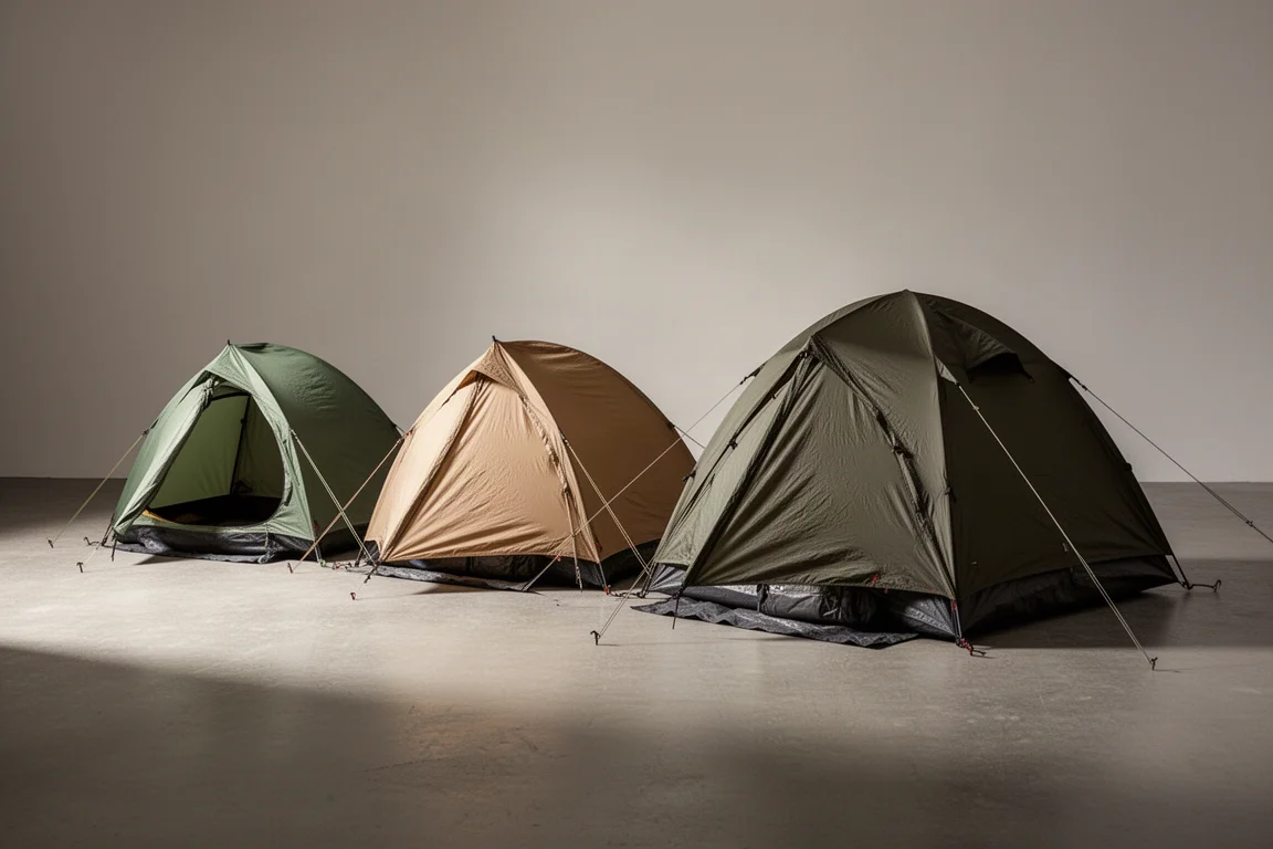 Three low-profile backpacking tents pitched in a row on a concrete surface