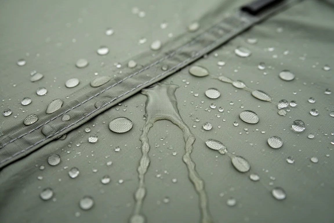 Close-up do tecido da capa de chuva da barraca com gotas de água e costura selada