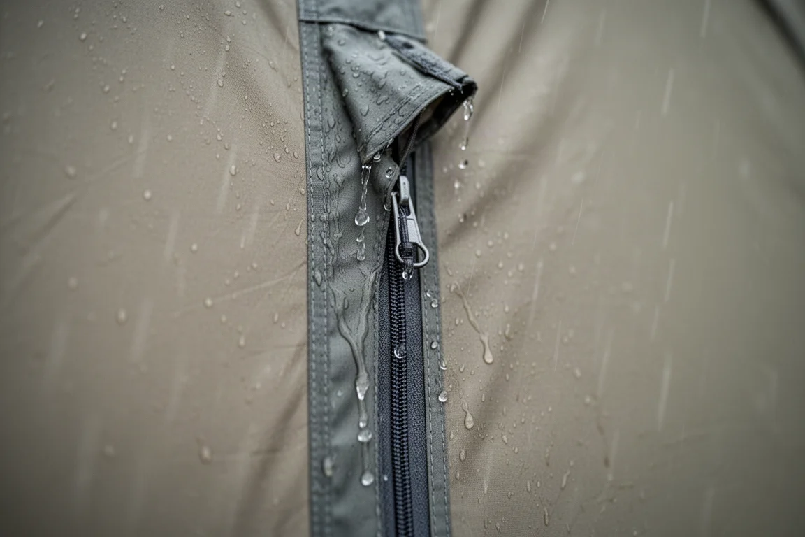 Zíper da porta da barraca sob uma aba de proteção estreita com gotas de água no tecido
