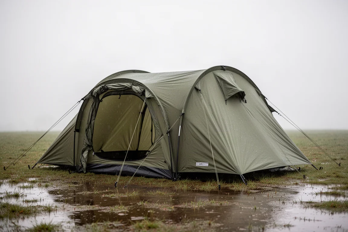 Low-profile olive one-person tunnel tent pitched on matte concrete against a grey backdrop