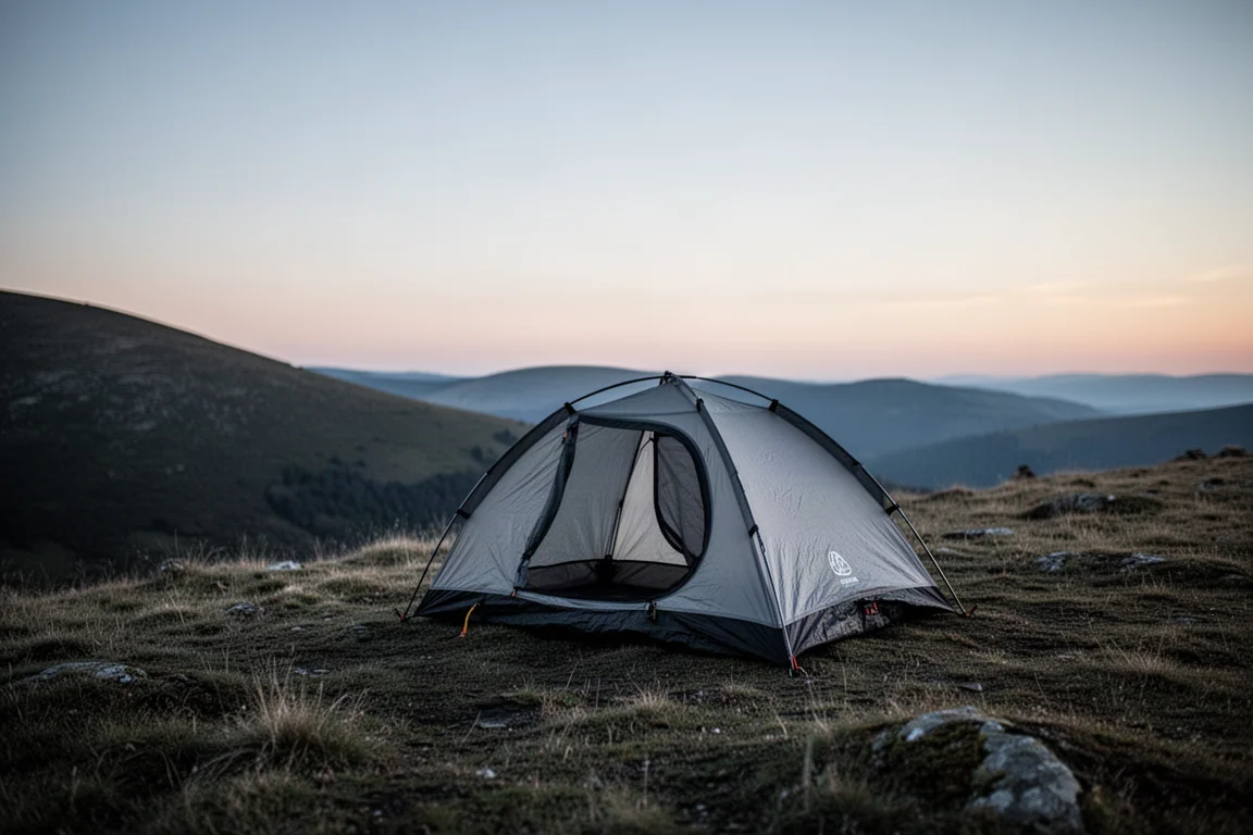 Barraca bivvy pequena de perfil baixo montada em uma crista gramada ao anoitecer