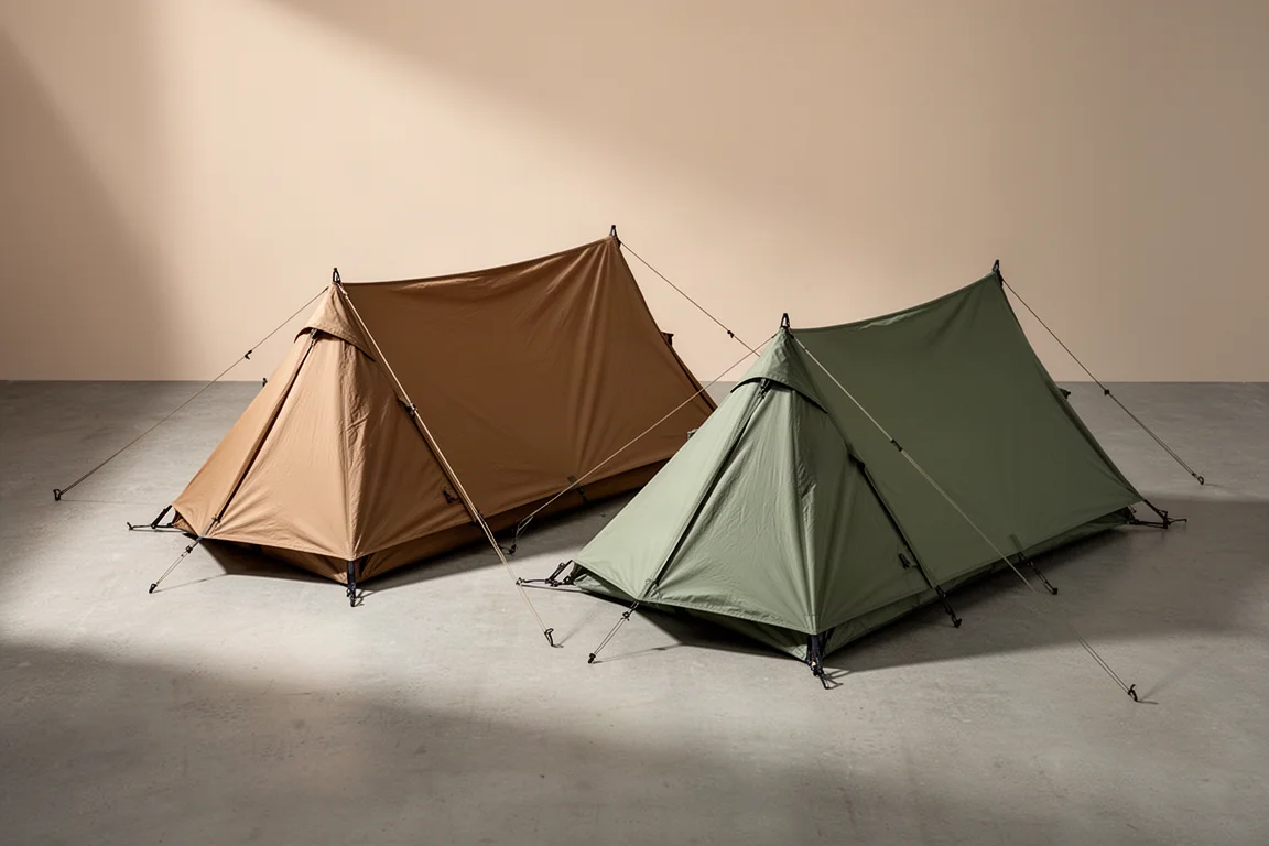 Two low-profile one-person bivvy tents pitched side by side on a concrete surface