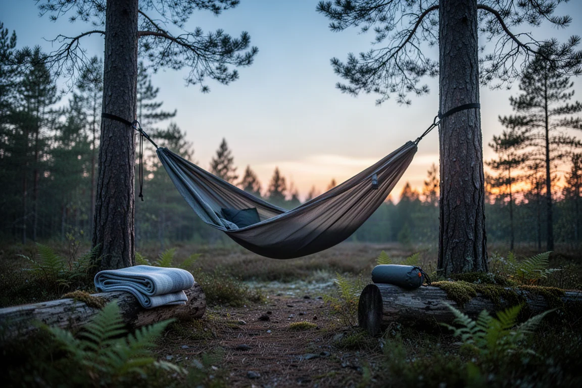 Hängematte zwischen Bäumen in der Dämmerung auf einem ruhigen Waldcampingplatz