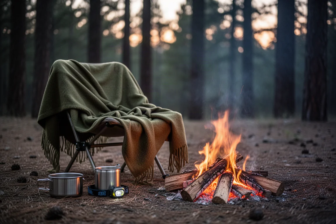 Leichte Decke über einem Campingstuhl neben einem kleinen Feuer in der Dämmerung