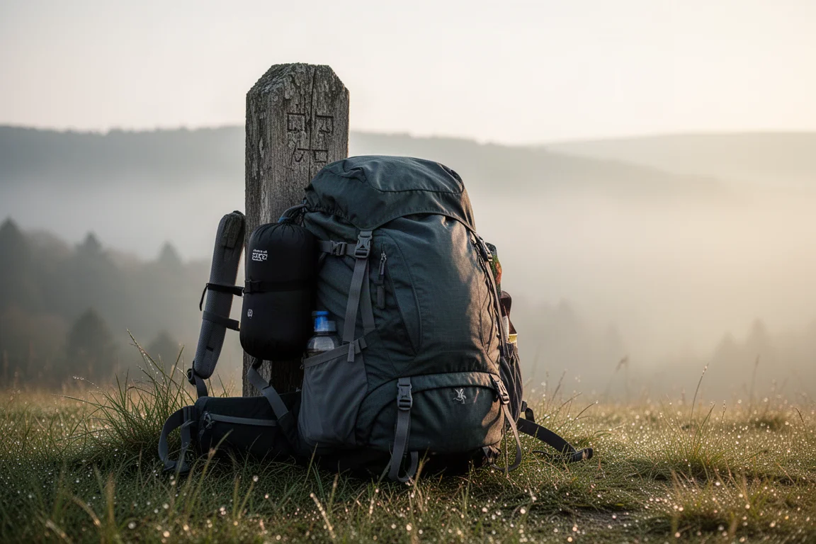 Gepackter Wanderrucksack mit einem festgeschnallten Kompressionssack am Trailhead