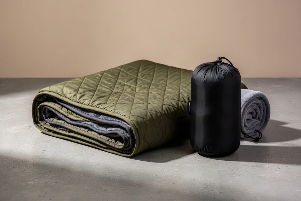 Folded olive camping blanket beside its black compression stuff sack on concrete