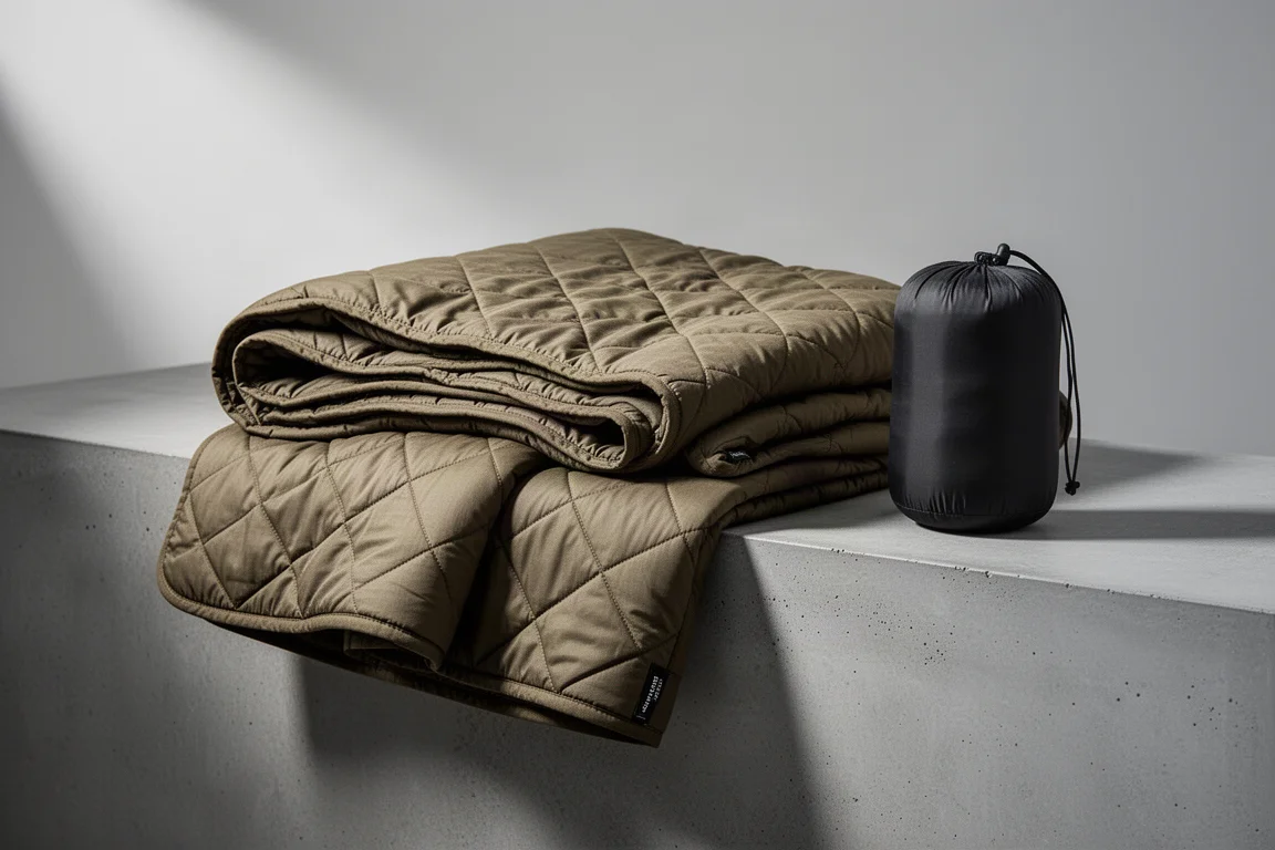 Folded lightweight camping blanket and compression stuff sack on a concrete ledge