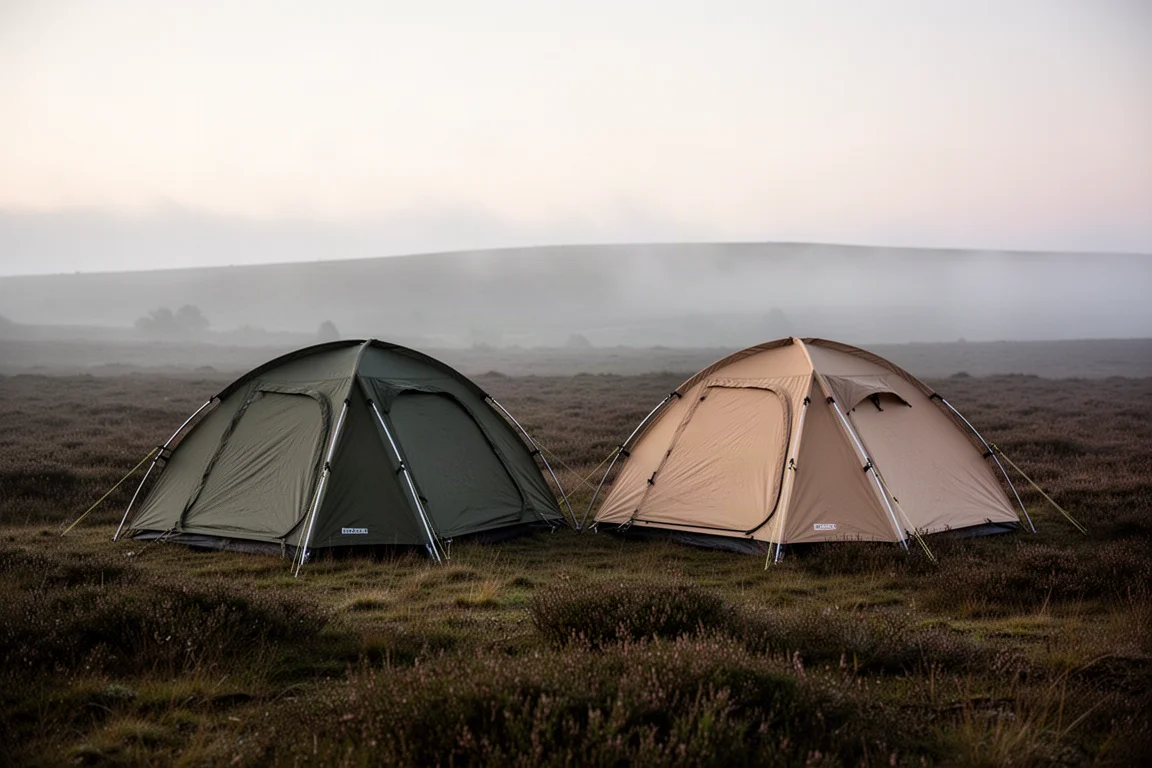 Two low profile solo tents pitched side by side on a misty moorland at dawn