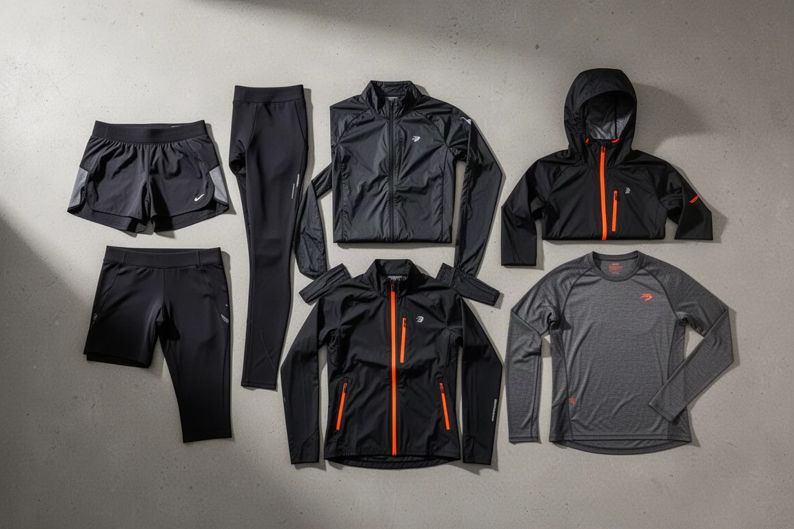 Six pieces of premium running apparel laid out on a concrete surface
