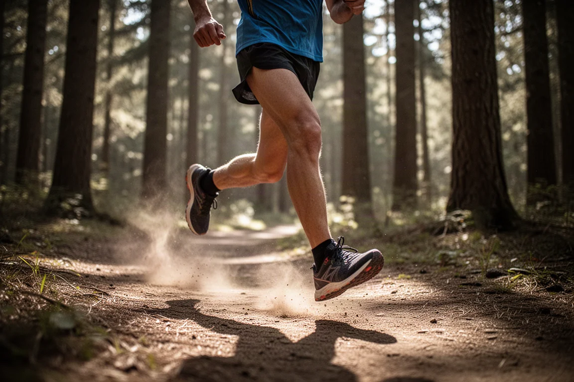 Trailrunner schreitet bei strahlendem Sonnenschein über einen Waldweg aus Erde