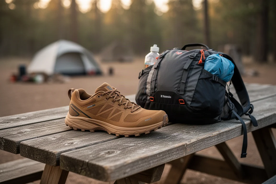 Trailschuh neben einem Rucksack auf einem Picknicktisch auf dem Campingplatz