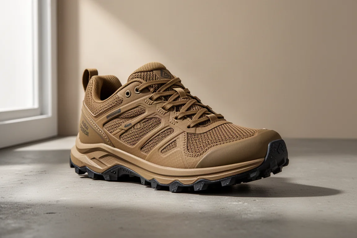 Scarpa da trail running marrone beige vista tre quarti su una superficie in cemento