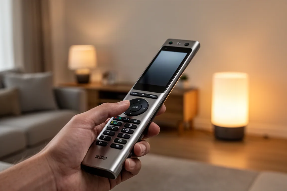 スマートホームの照明を制御するためにユニバーサルリモコンのボタンを押す手のクローズアップ