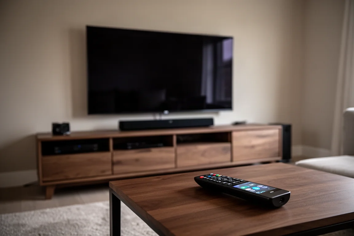 大型テレビの前のコーヒーテーブルにユニバーサルリモコンが置かれたホームシアターセットアップ