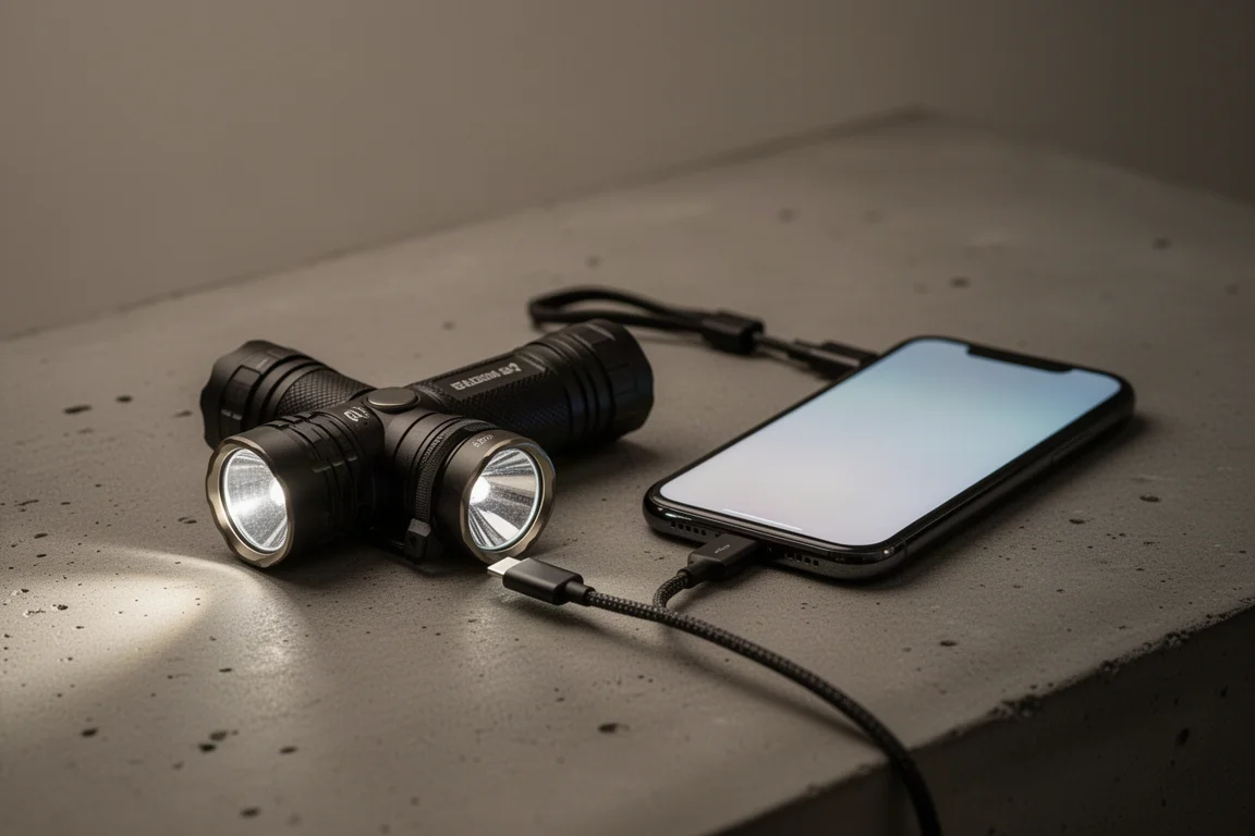 Latarka podłączona kablem USB-C ładująca smartfon w słabo oświetlonym otoczeniu