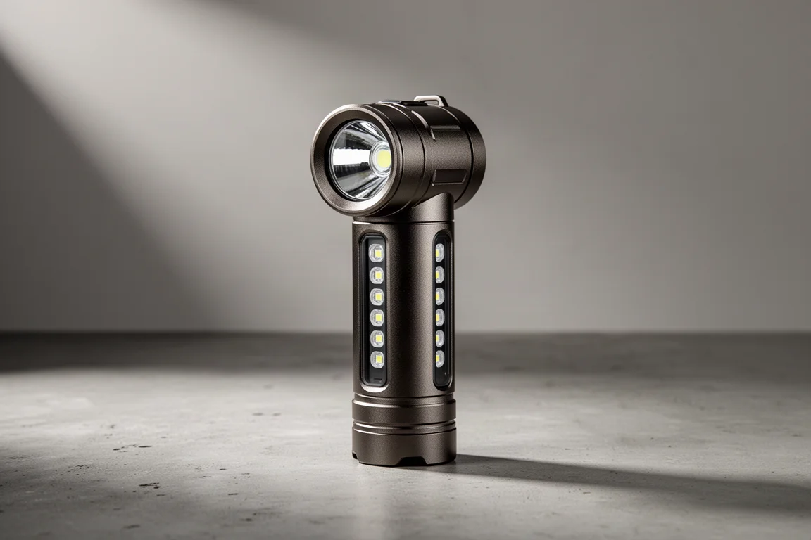 Rugged dual-emitter LED flashlight standing upright on a concrete surface