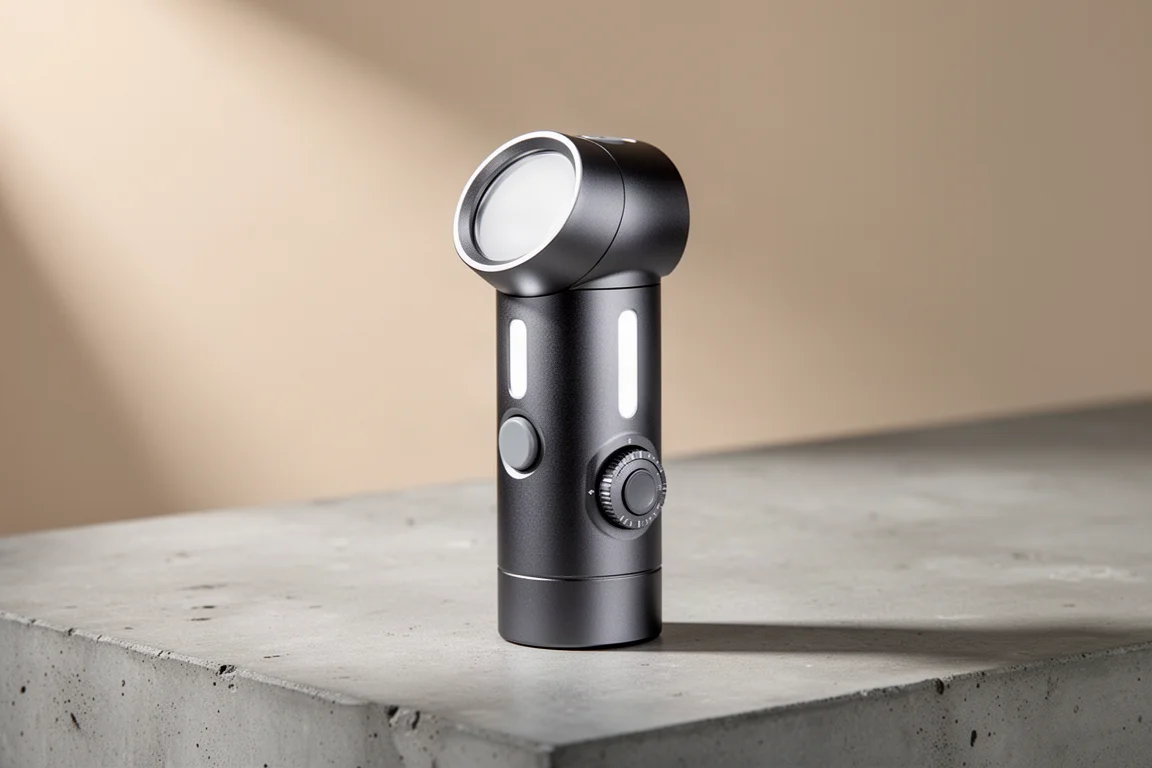 Torcia in alluminio Sofirn IF24 con quadrante rotante e strisce LED laterali su superficie in cemento