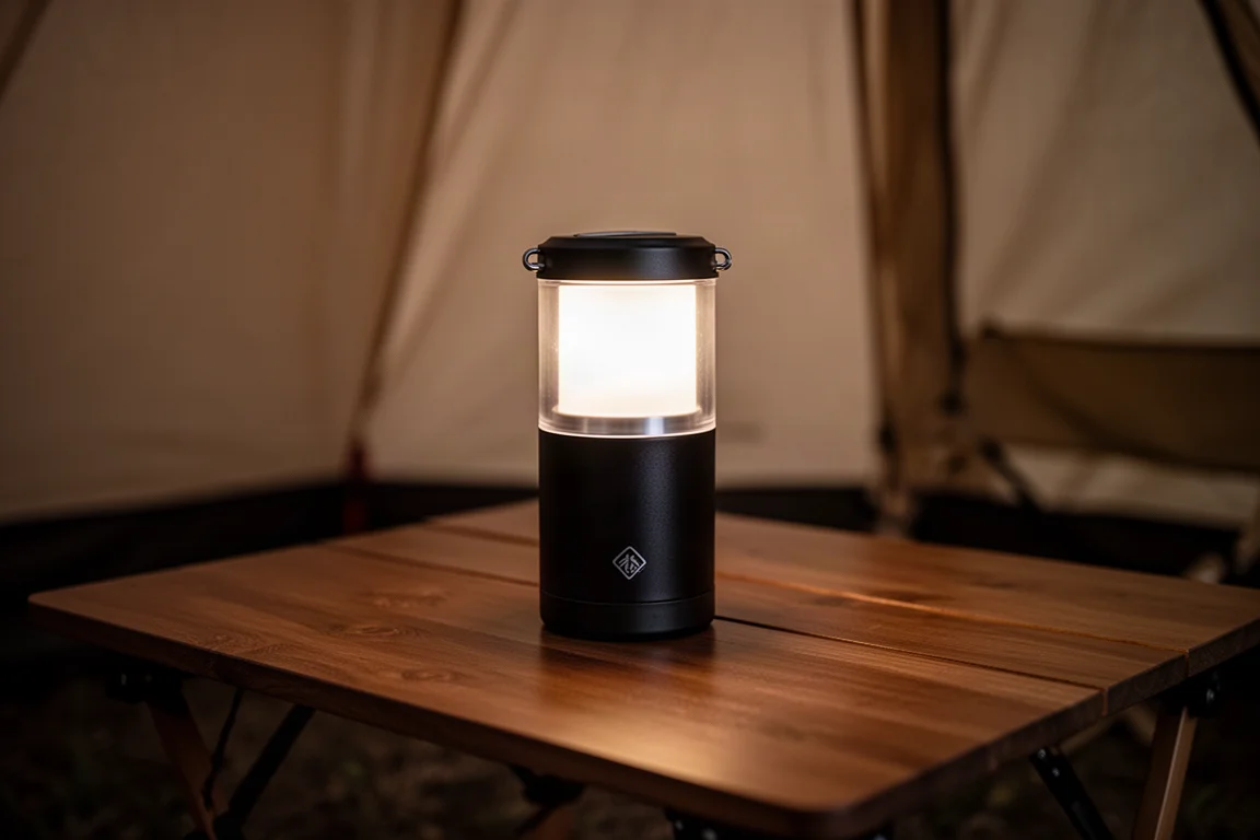 夕暮れの木製キャンプテーブルに立つ、コンパクトな円筒形のランタン