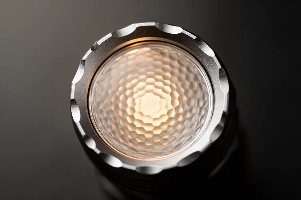 Close-up van een lenstextuur in honingraatpatroon die een warme lichtbundal verzacht