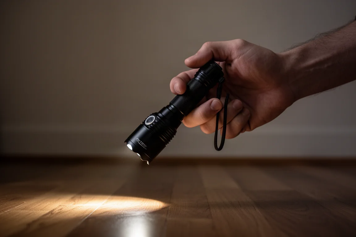Hand drukt de schakelaar aan de achterkant van een zaklamp half in, in een schemerige kamer