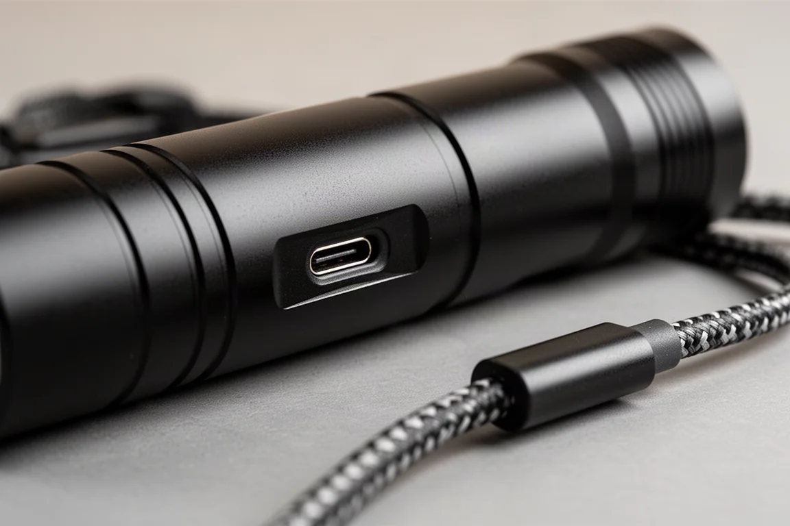 USB-C oplaadpoort aan de zijkant van een zaklamp, met kabel in de buurt