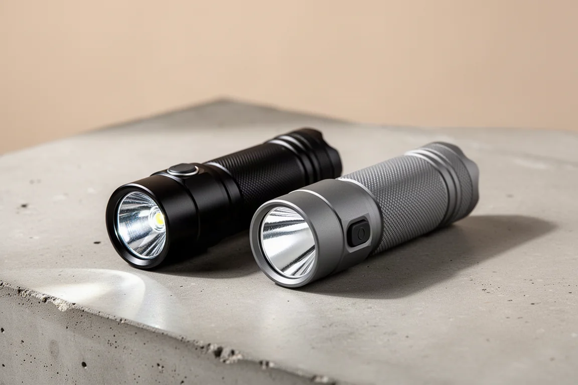 Zwei kompakte aluminium-Sofirn-EDC-Taschenlampen auf einer Betonfläche