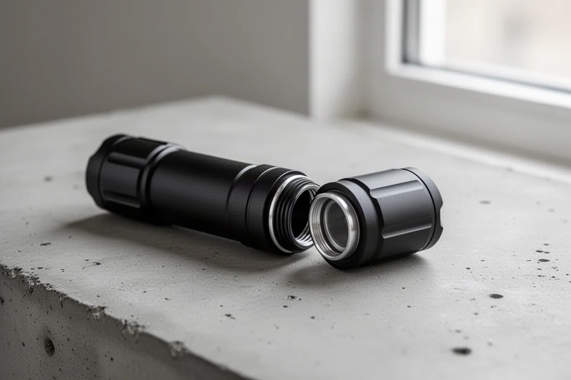 Compact black EDC flashlight lying on a desk with its battery tailcap removed