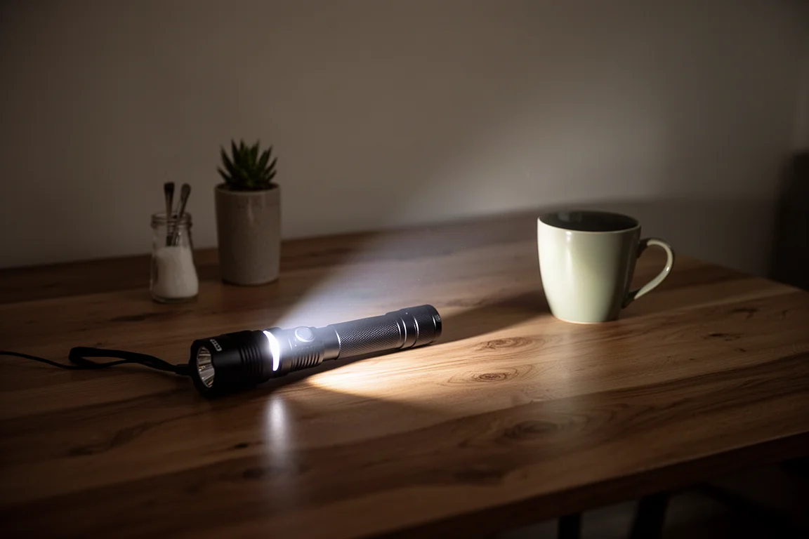 Warm high CRI flashlight beam illuminating objects on a table with natural color rendering
