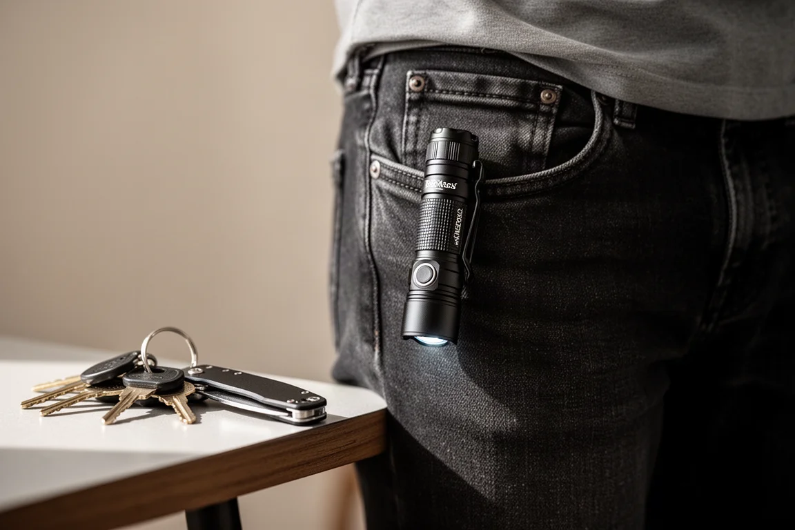 Flashlight clipped to a jeans pocket alongside everyday carry items