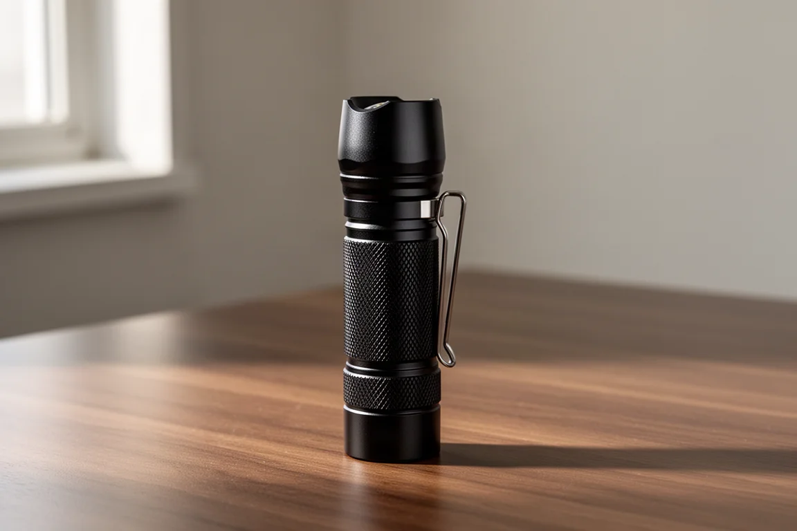 Compact black aluminium EDC flashlight standing on a wooden desk