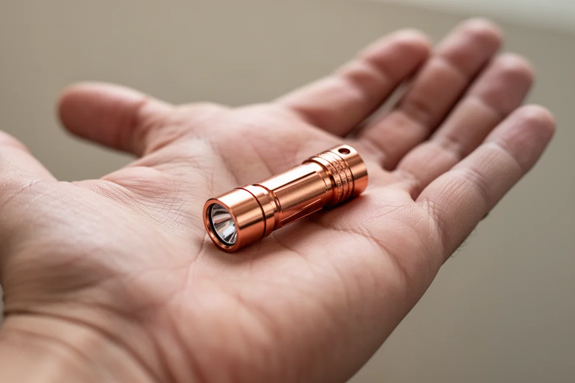Winzige Taschenlampe aus Kupfer in einer offenen Handfläche, die ihre geringe Größe und schwere Bauweise betont