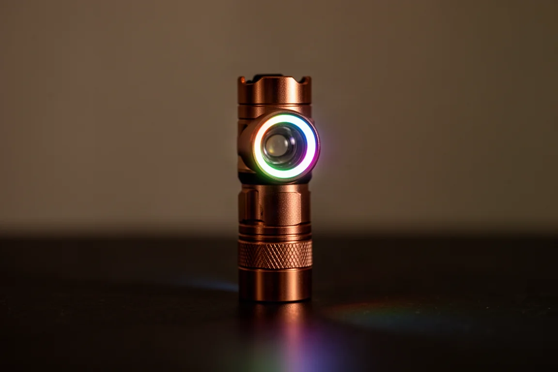 RGB-Signalring leuchtet im Dunkeln um die Linse der Taschenlampe