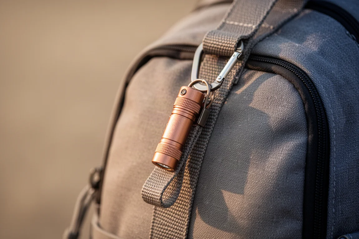 Taschenlampe mit Karabiner und Handschlaufe an einem Rucksackgurt befestigt