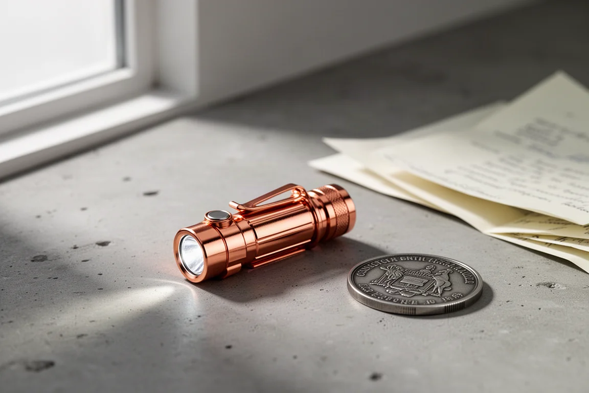 Kleine koperen EDC-zaklamp met verzamelmunt en brief op een betonnen ondergrond