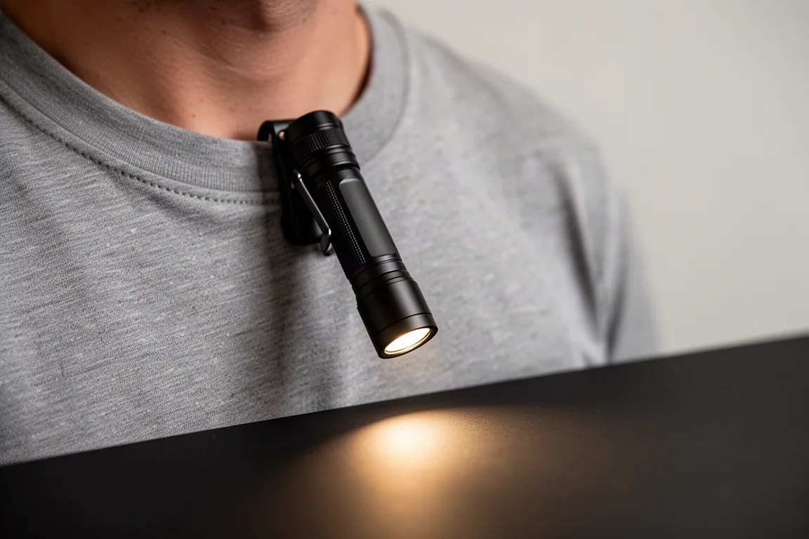 Kompakt EDC-ficklampa fastklämd på en skjortkrage som lyser framåt