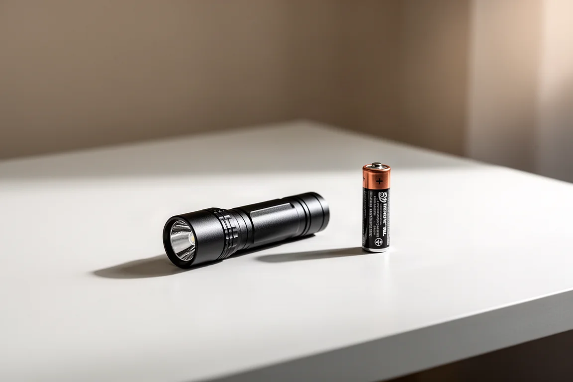 Kompakt ficklampa på ett skrivbord bredvid ett AA-batteri som storlekshänvisning