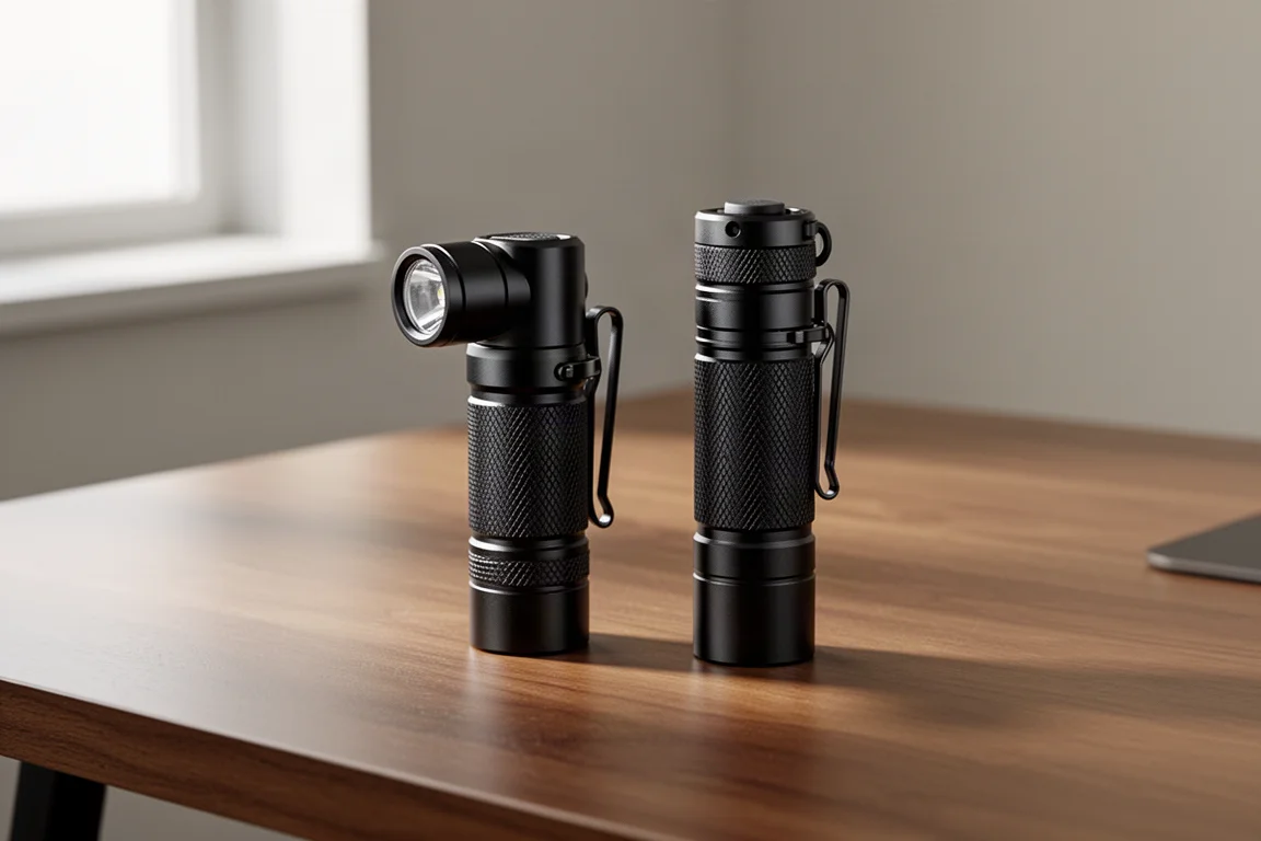 Two compact black Sofirn pocket flashlights on a wooden desk surface