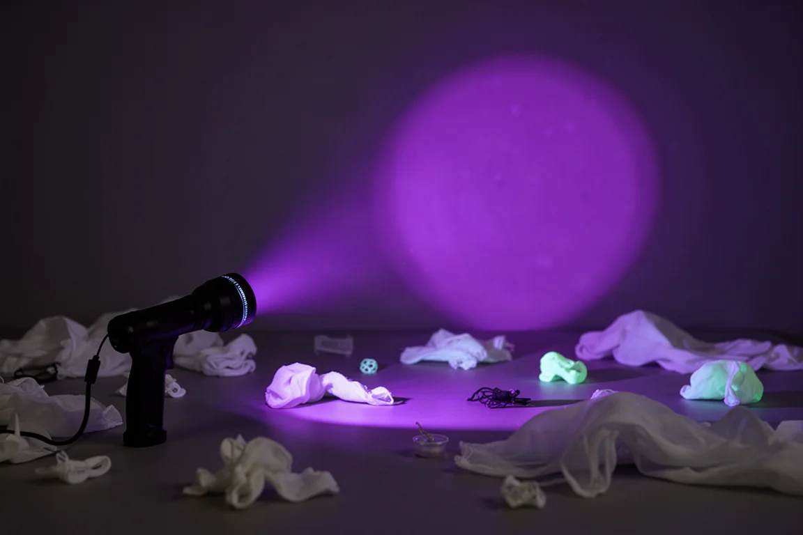 手电筒的 UV 紫光在黑暗房间里让白色布料发光