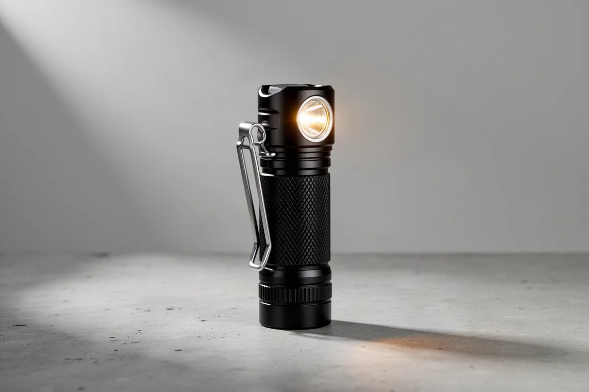 Sofirn SR23 black flashlight with rubberized grip and steel pocket clip on concrete surface