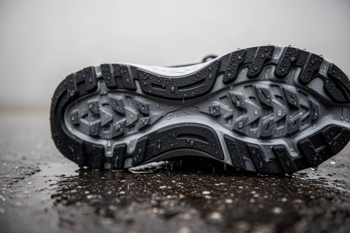 Primer plano de la suela de una zapatilla de running mostrando el agarre de goma en clima húmedo