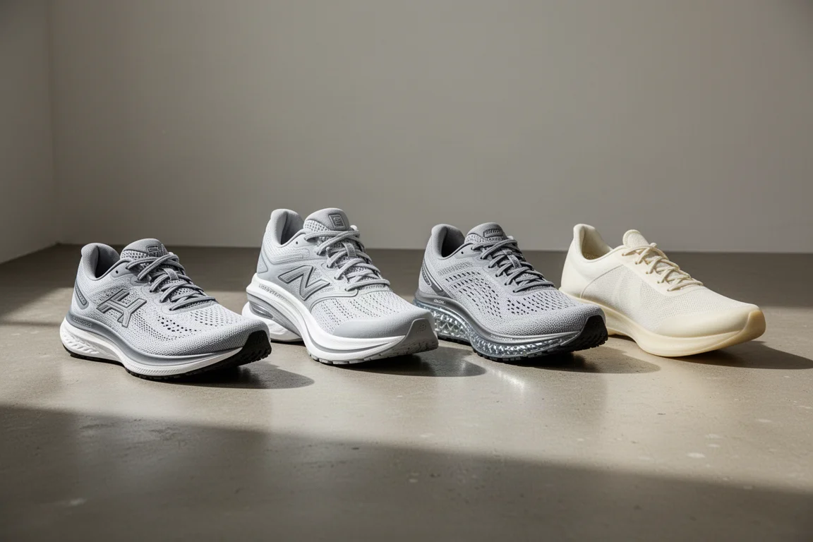 Four running shoes lined up on a matte concrete surface