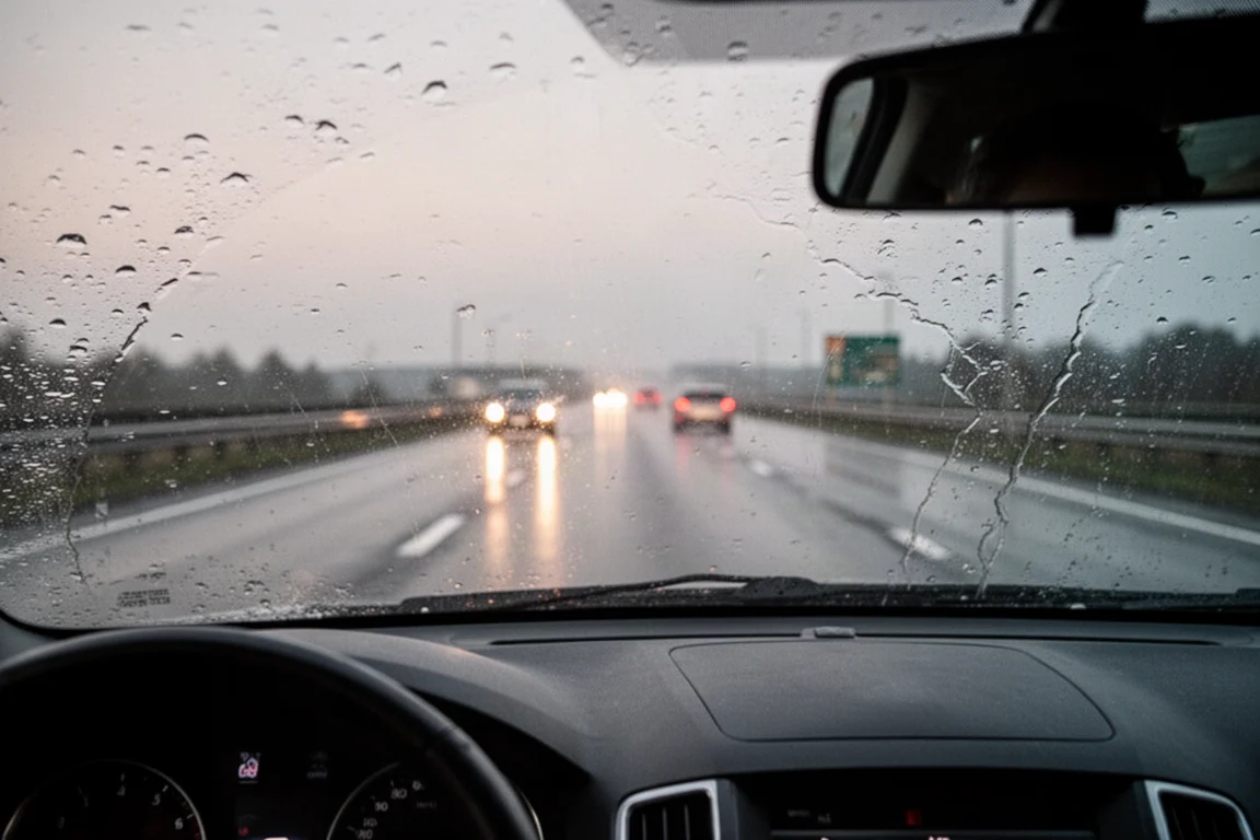 汽車在黃昏時分的濕滑公路上行駛,水珠從擋風玻璃飛散